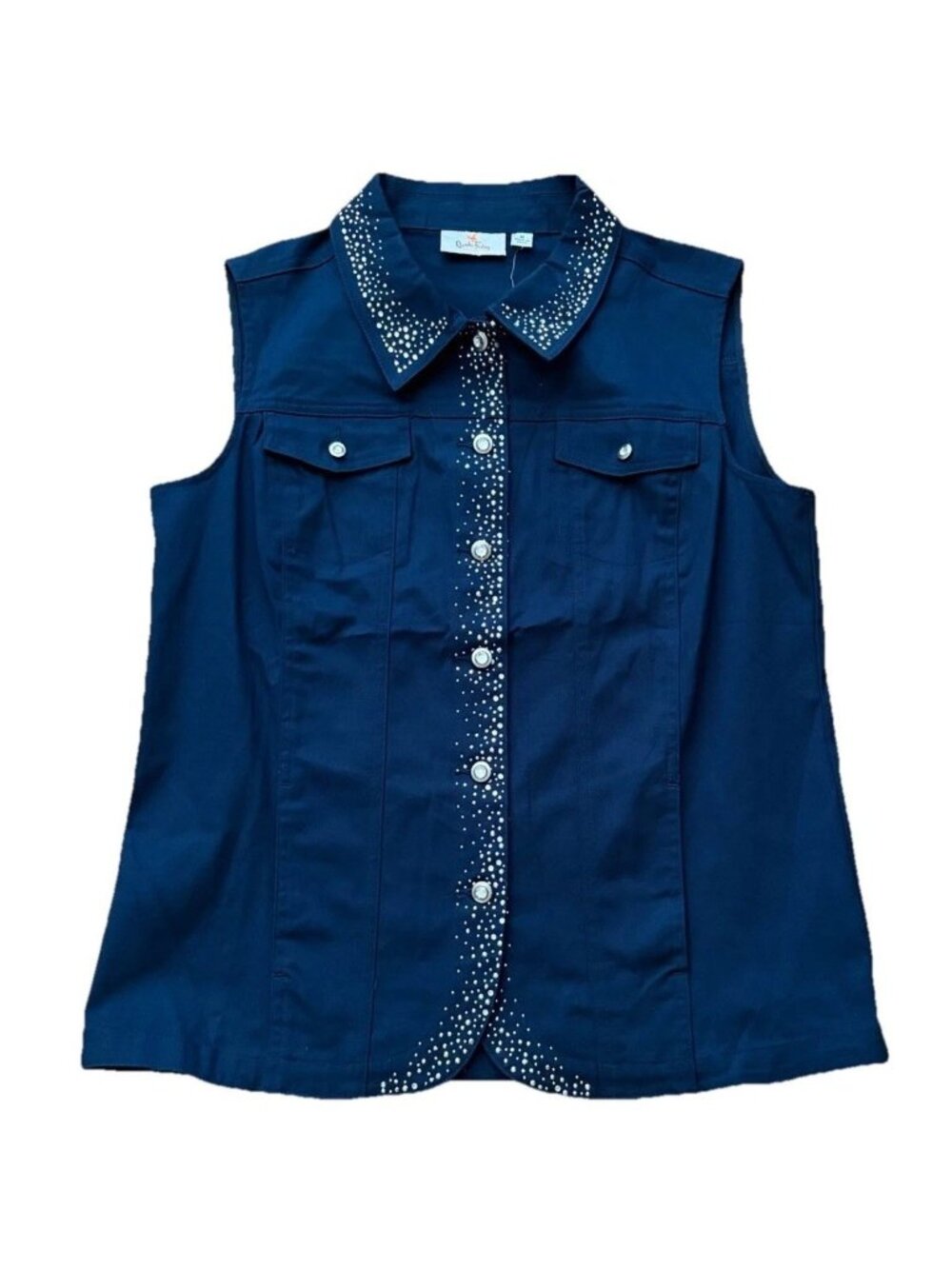 Quacker Factory Top Women's Medium Navy Blue Rhinestone Button Up Pockets NWOT